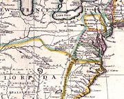Clip from John Senex map ca 1710 showing the people Captain Vielle passed by to arrive in Chaouenon's country as the French Jesuit called the Shawnee.