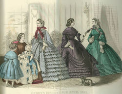 Elaborately trimmed fashions for April 1861 from Godey's Lady's Book.
